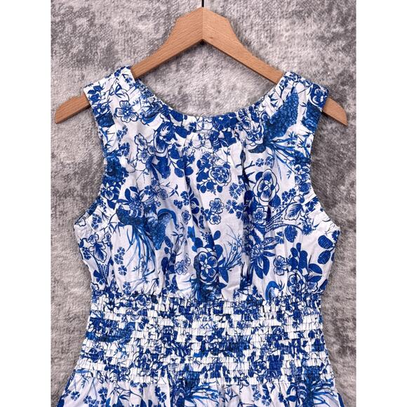 New Anthropologie Top Small Womens Blue Floral Cotton Smocked Peplum Blouse - Picture 2 of 8
